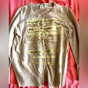 JCREW tan/beige cardigan with sequin, bed, and ribbon detail. sz small